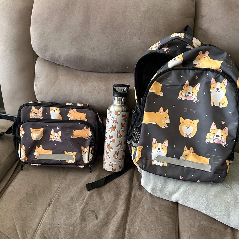 Corgi Print Backpack and Lunch Bag Set with Water Bottle